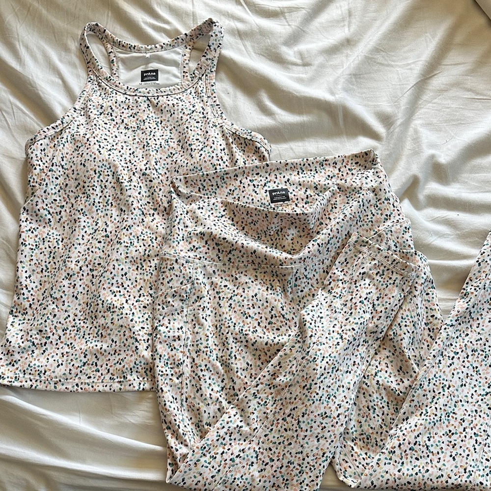 Prana White Ribbed Tank and Legging Set with Multicolor Confetti Dots
